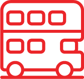 Red icon with a double-decker bus, symbol of open bus tour service
