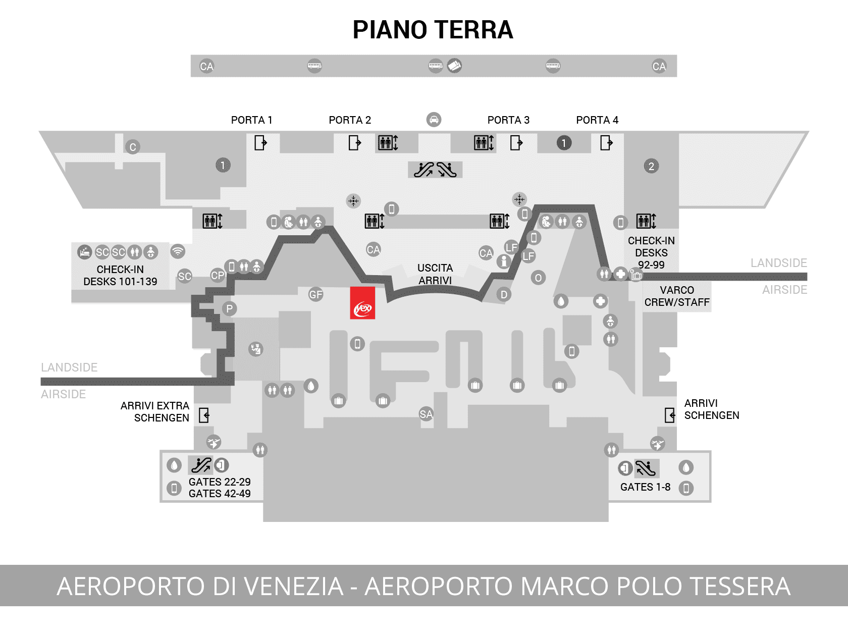 Map of the ground floor of Venice Marco Polo Tessera Airport, arrivals area, showing the location of the Yex Change agency. Located in the landside area, immediately after the arrivals exit, close to the passenger services and the transit area to the different areas of the airport
