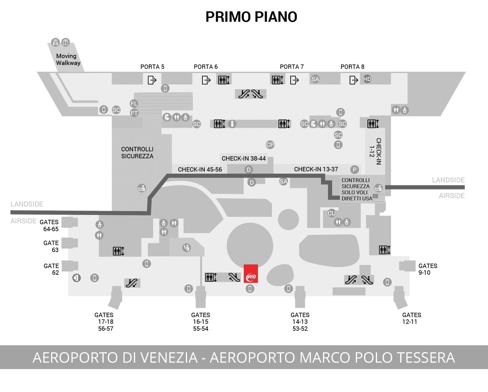 First floor map of the Venice Airport - Marco Polo Tessera, departures area, with the indication of the Yex Change agency position. It's located in the airside area, after security checks, near Gates 14-13 (53-52), along the path to the other boarding gates