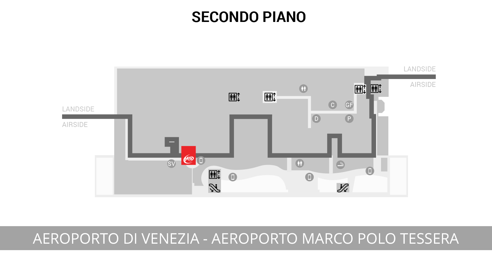 Map of the second floor of the Venice Marco Polo Tessera Airport, arrivals area, indicating the location of the Yex Change agency. Located in the landside area, before the security checks, near the service area and the elevators that connect the different levels of the airport