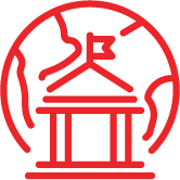 Red icon of a historic building framed by a stylized globe, symbol of cultural tourism and visits to historical places