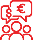 Red icon with three people and two speech bubbles containing currency symbols representing Yex Change currency exchange agencies