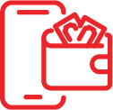 Red icon with smartphone and wallet full of banknotes, representing online currency booking