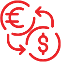 Red icon with euro and dollar symbols connected by circular arrows representing currency exchange