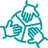Icon of three hands joining together, symbol of collaboration, governance and teamwork