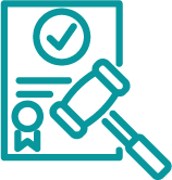 Document icon with stamp and judicial hammer, symbol of legality