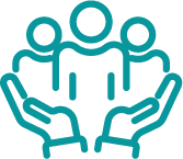 Icon of stylized people between two hands, symbol of support and community